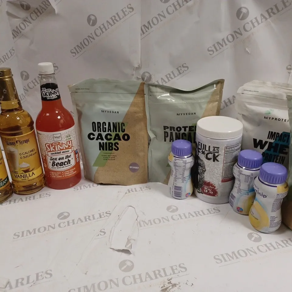 LOT OF APPROXMATELY 10 ITEMS TO INCLUDE JORDANS SKINNY SYRUPS IRISH CREAM (750ml), MYVEGAN ORGANIC NIBS UNFLAVOURED (300g), NUTRICIA FORTISIP VANILLA FLAVOUR (200ml), ETC