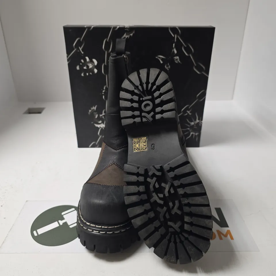BOXED KOI APOCALYPSE BOOTS – UK 6 – BLACK PATCHWORK LEATHER