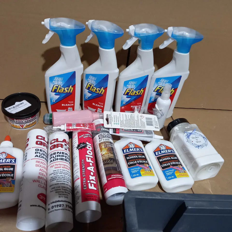 TOTE OF APPROXIMATELEY 16 ASSORTED ITEMS TO INCLUDE A FLASH BLEACH, A SCHOOL GLUE AND A GENERAL PURPOSE ADHESIVE