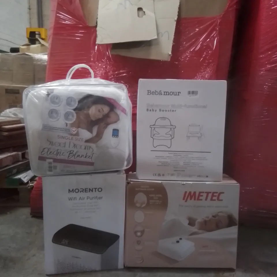 PALLET OF ASSORTED HOUSEHOLD GOODS AND FURNITURE TO INCLUDE;BEBÁMOUR MULTI-FUNCTION BABY BOOSTER, MORENTO WIFI AIR PURIFIER, IMETEC HEATED MATTRESS COVER (200CM X 150CM) ETC