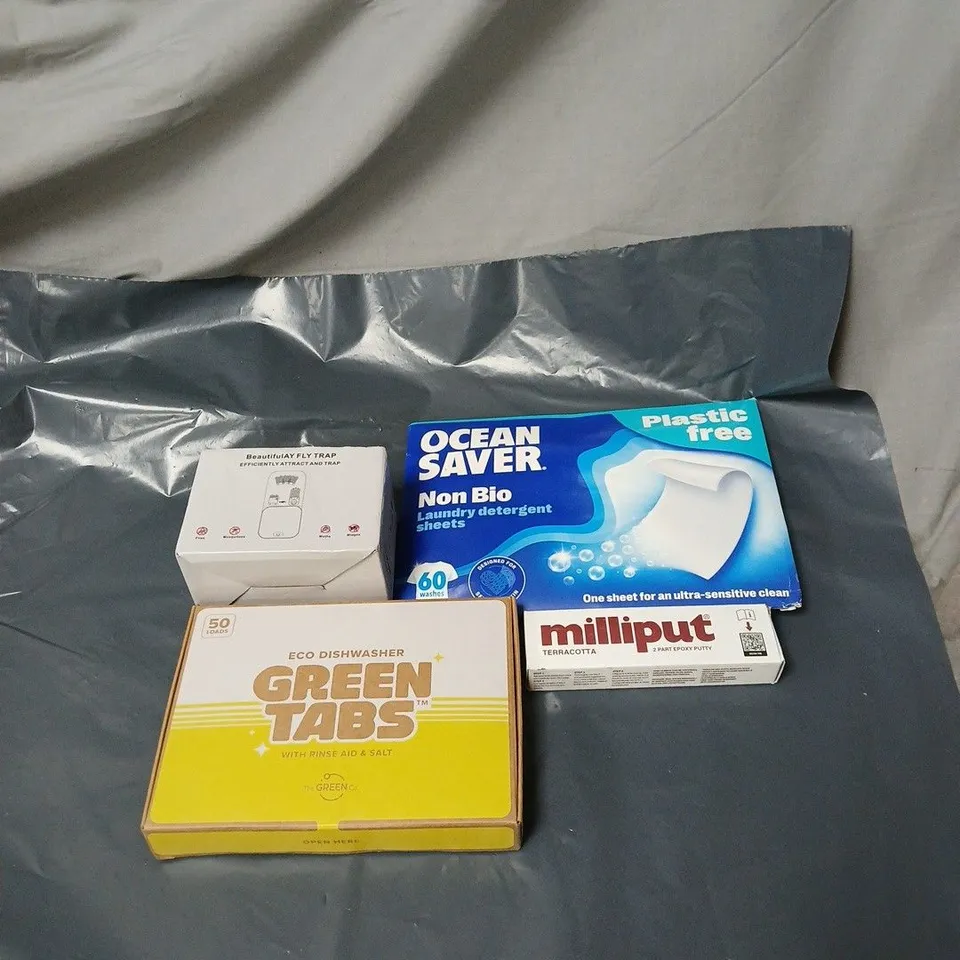 APPROXIMATELY 12 ASSORTED HOUSEHOLD ITEMS TO INCLUDE GREEN TABS DISHWASHER TABLETS, NON BIO LAUNDRY SHEETS, EPOXY PUTTY, FLY TRAP ETC