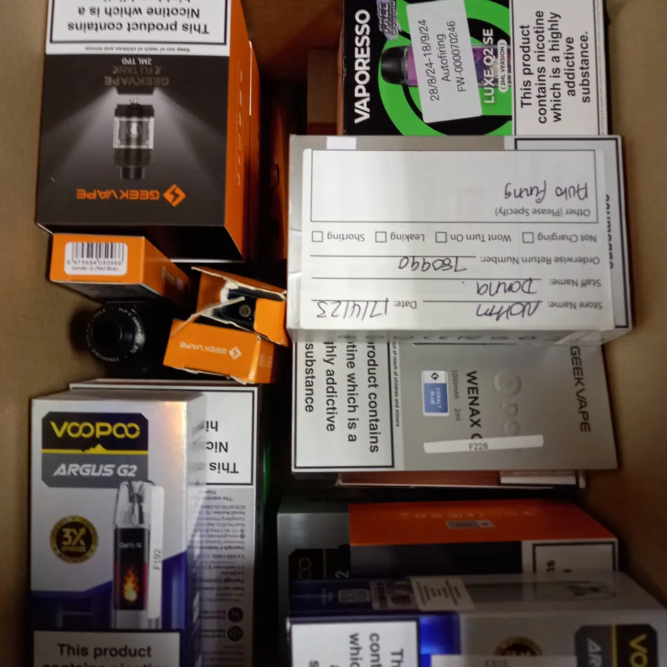 APPROXIMATELY 20 ASSORTED E-CIGARETTE PRODUCTS/ACCESSORIES TO INCLUDE VOO POO, GEEK VAPE, VAPORESSO ETC