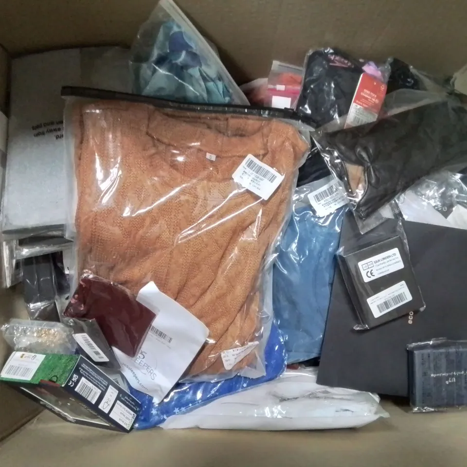 BOX CONTAINING LARGE AMOUNT OF MIXED FASHION ITEMS, SILVER PLATE AND COSTUME JEWELLERY, CLOTHING ITEMS ETC.