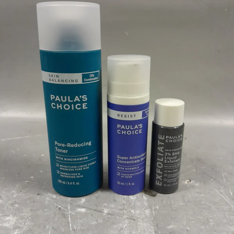 LOT OF 3 PAULA'S CHOICE SKIN CARE PRODUCTS TO INCLUDE BALANCING TONER 190ML, SUPER ANTIOXIDANT CONCENTRATE SERUM 30ML AND LIQUID EXFOLIANT 30ML