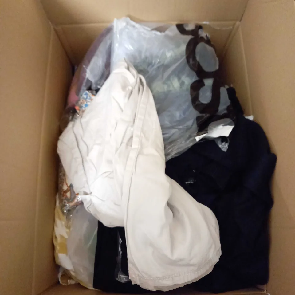  BOX OF ASSORTED CLOTHING ITEMS TOO INCLUDE DRESSES , SHIRTS AND TROUSERS IN VARIOUS SIZES AND COLOURS   