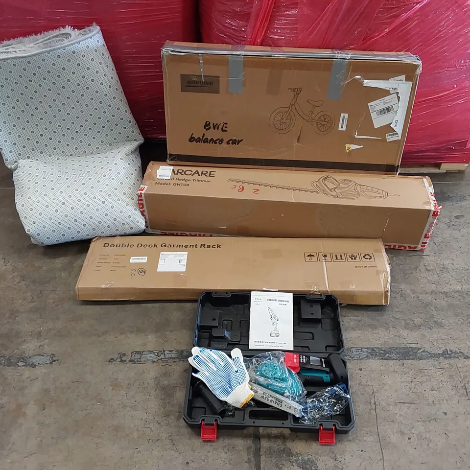 PALLET OF ASSORTED CONSUMER PRODUCTS TO INCLUDE; CORDED HEDGE TRIMMER, CORDLESS CHAIN SAW, BALANCE BIKE, DOUBLE DECK GARMENT RACK, LARGE SHAGGY RUG ECT
