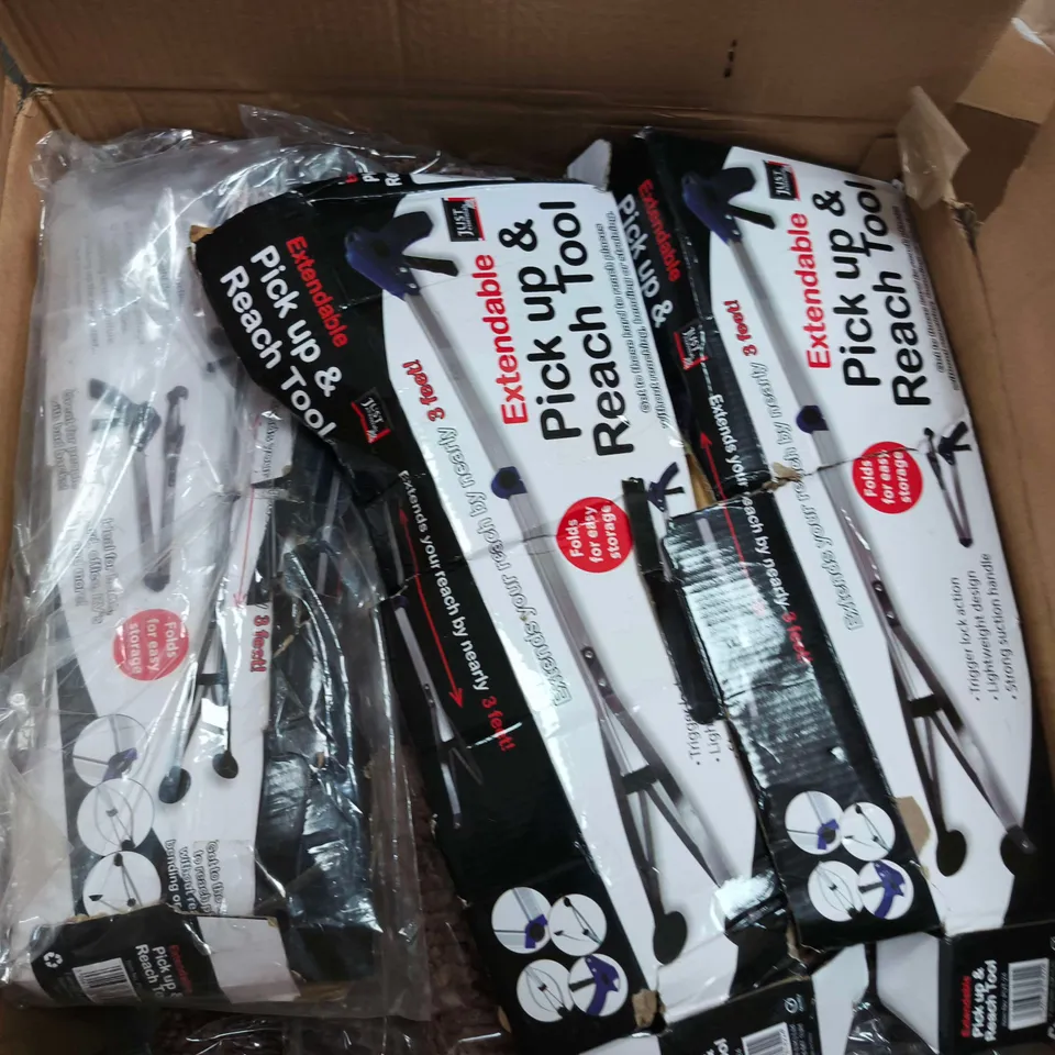 LARGE QUANTITY OF EXTENDABLE PICK UP & REACH TOOL, BAGS AND CLOTHING ITEMS