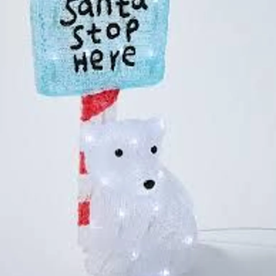 ACRYLIC SPUN LIT POLAR BEAR SANTA STOP HERE SIGN OUTDOOR CHRISTMAS DECORATION