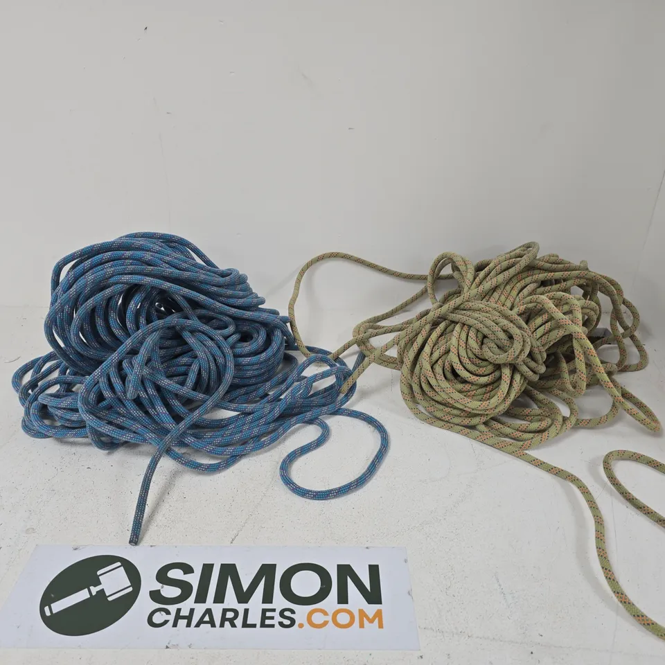 TWO LENGTHS OF ROPE – BLUE AND BEIGE, COILED