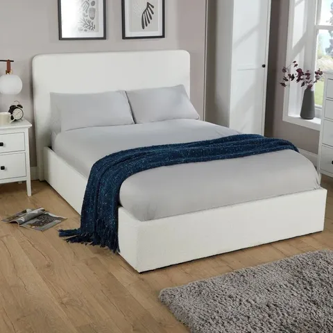 BOXED KINGSIZE 5' SERENITY OTTOMAN STORAGE GAS LIFT BOUCLE UPHOLSTERED BED (2 BOXES)