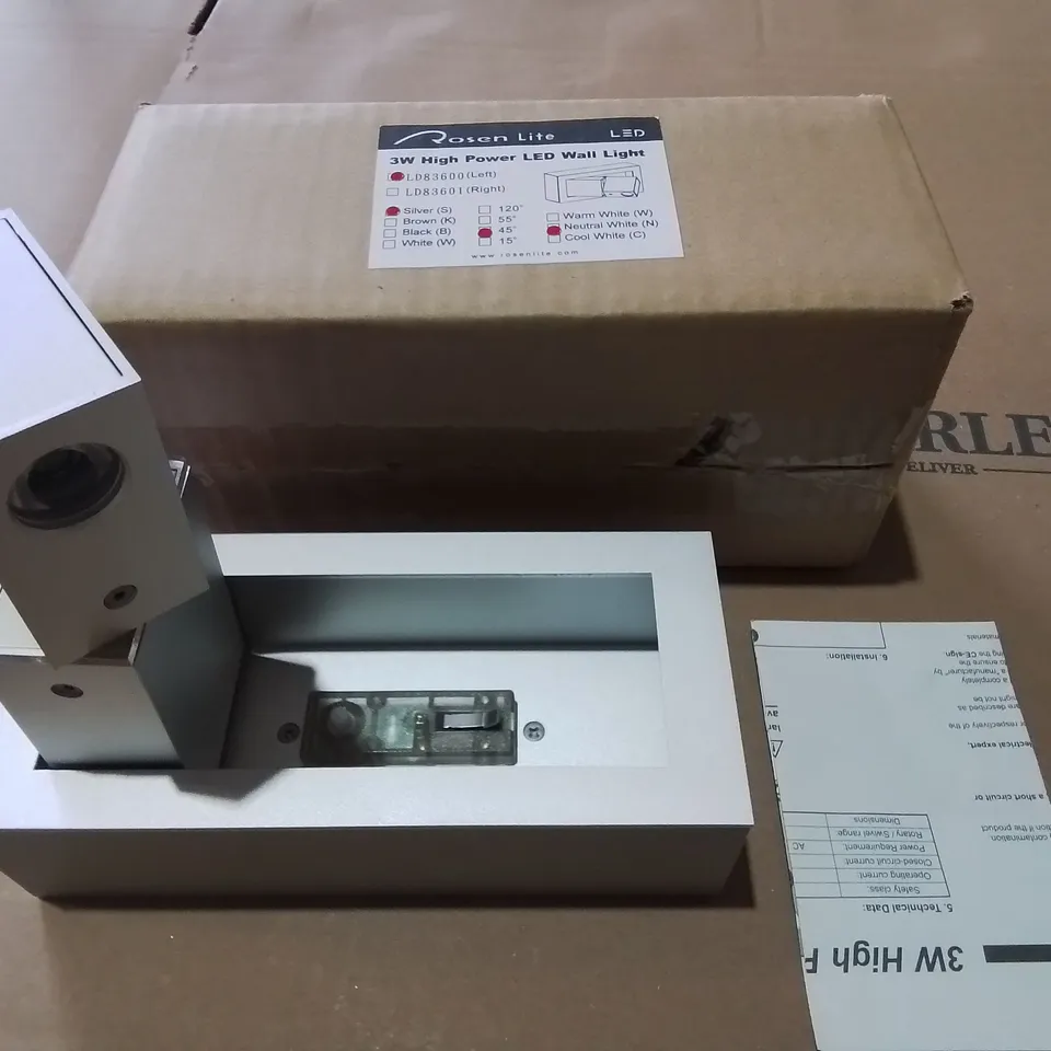 LOT OF APPROXIMATELY 75 ROSEN LITE LED 3W HIGH POWERED LED SILVER WALL LIGHTS INCLUDES LEFT LD83600 AND RIGHT LD83601