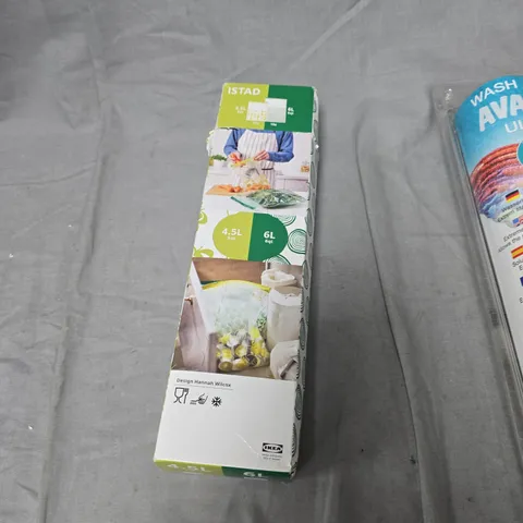 BOX OF ASSORTED  HOUSEHOLD ITEMS INCLUDING  UMBRELLA WITH WOODEN CURVED HANDLE, MADEIRA STABILIZER ROLL, IKEA PACKAGING BOX, AND GREY FABRIC ITEM