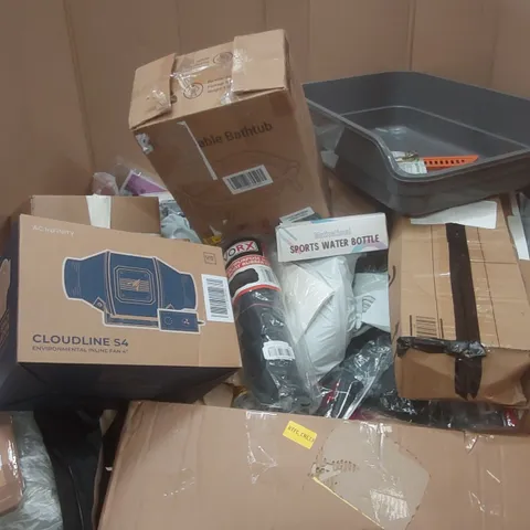 PALLET CONTAINING A VERY LARGE QUANTITY OF ASSORTED ITEMS INCLUDING: AC INFINITY CLOUDLINE S4 INLINE FAN, FOLDABLE BATHTUB, SPORTS WATER BOTTLE, CAR BOOT TRAY ECT