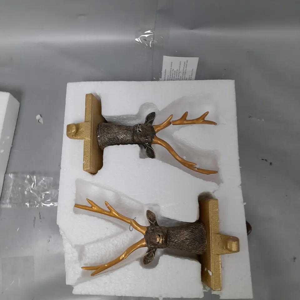 BOXED SET OF TWO ALISON CORK ANIMAL STOCKING HOLDERS - STAG