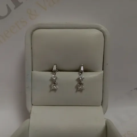 DESIGNER 18CT WHITE GOLD DROP EARRINGS SET WITH BAGUETTE, BRILLIANT & PRINCESS CUT DIAMONDS, WEIGHING +-0.50CT