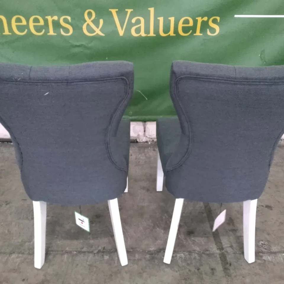 SET OF 2 NEW DESIGNER BEWLEY SLATE FABRIC BUTTON BACK DINING CHAIRS (WHITE LEG)