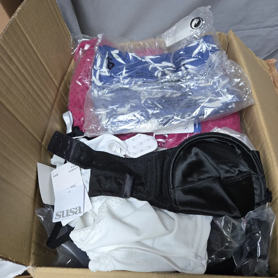 BOX OF APPROXIMATELY 20 ASSORTERD CLOTHING ITEMS INCLUDING SUSA BRAS (BLACK & WHITE) , GUY DE FRANCE BRA SIZE 34C , OSCALITO TEE SHIRT AND SILHOUETTE BRA