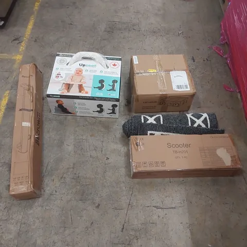 PALLET OF ASSORTED ITEMS INCLUDING: CAT HOUSE, BABY UP SEAT, SCOOTER, RUG, RETRACTABLE GATE ECT