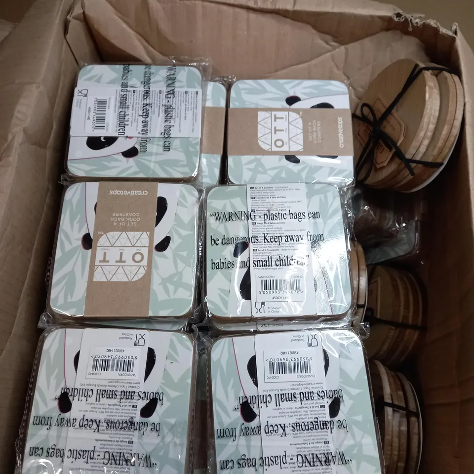 BOX OF APPROXIMATELY 50 PACKS OF CREATIVE TOPS COASTERS IN A PANDA & WOODEN VENEER DESIGN 