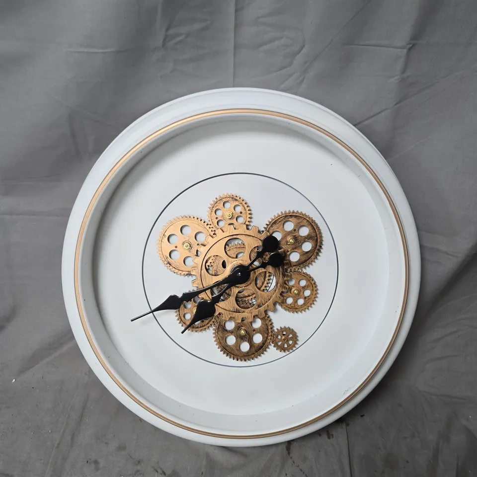 WHITE WALL CLOCK WITH EXPOSED GOLD-TONE SKELETON GEARS