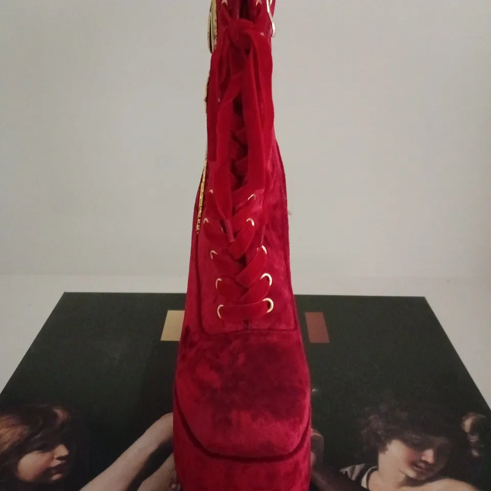 BOXED PAIR OF THE SIX SHADOWS HEELED BOOTS – RED VELVET, UK 6