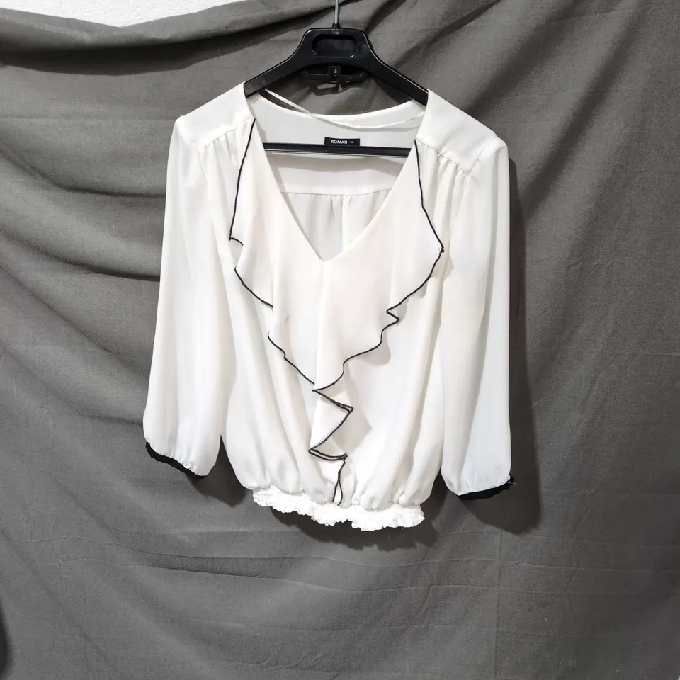 ROMAN WHITE BLOUSE, UK 16, RUFFLE FRONT WITH BLACK PIPING