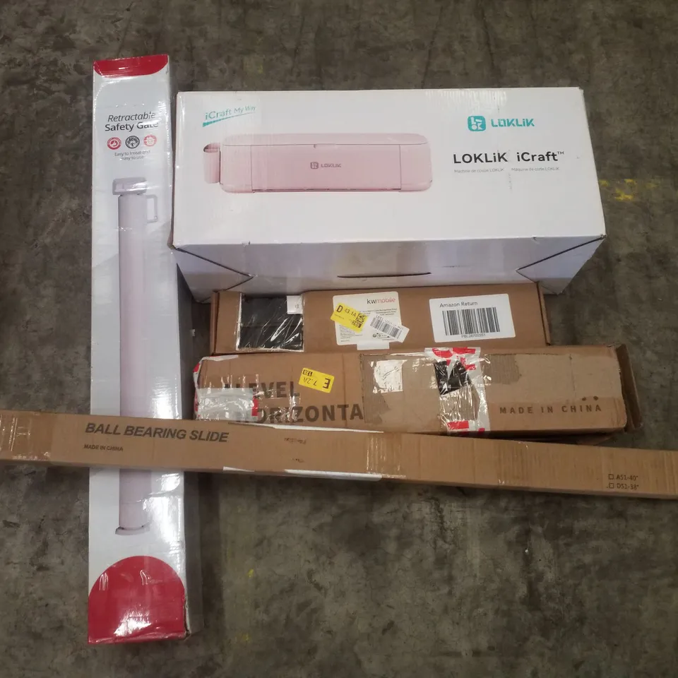 PALLET CONTAINING ASSORTED PRODUCTS INCLUDING RETRACTABLE SAFETY GATE, BALL BEARING SLIDE, LEVEL HORIZONTAL BAR, CABLE MANAGEMENT RACK & ICRAFT CUTTING MACHINE