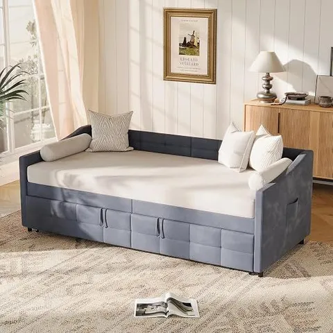 BOXED 2-SEATER CONVERTIBLE SOFA BED, 90 X 200 CM, UPHOLSTERED SOFA BED WITH SLATTED BASE, 2 SEATER TRUNDLE BED, VELVET DOUBLE BED, NO MATTRESSES (GREY-D) ( 2 BOXES)