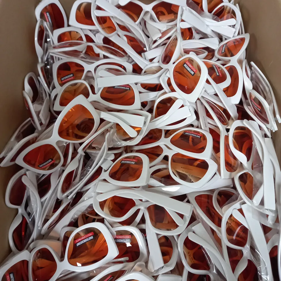 BOX OF WHITE TINTED LENS SUN GLASSES
