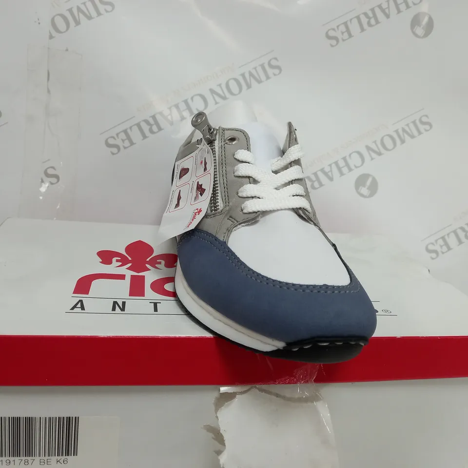 BOXED PAIR OF RIEKER SNEAKERS WITH REMOVABLE INSOLE COMBINATION BLUE UK SIZE 6