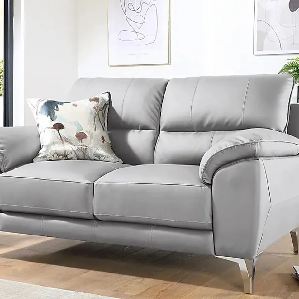 BOXED MADRID LIGHT GREY LEATHER TWO SEATER SOFA 