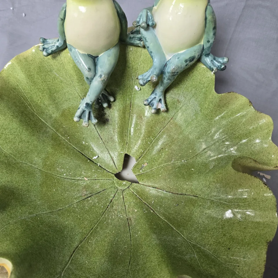 CERAMIC FROG DUO ON LARGE LEAF – GARDEN ORNAMENT WITH LOTUS- DAMAGE TO FLOWER AND BASE 