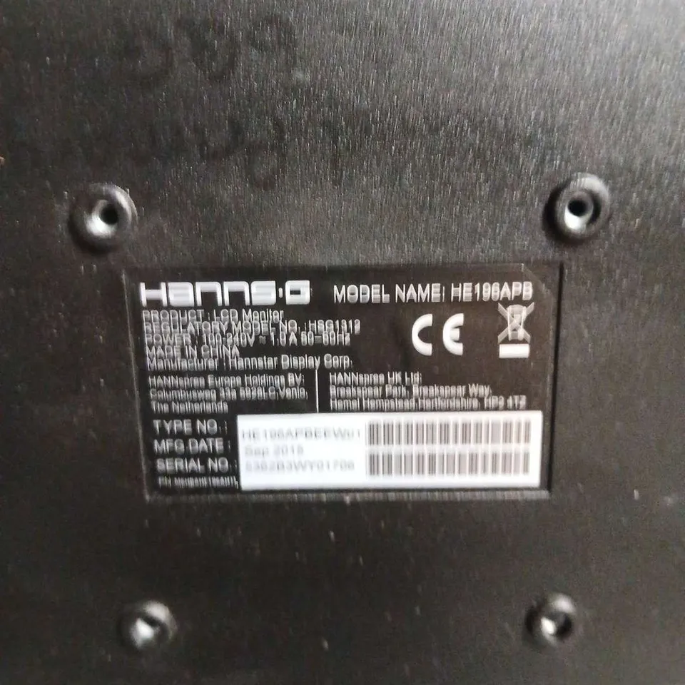 HANNS.G LCD MONITOR HE196APB NO STAND INCLUDED AND O POWER CABLE 