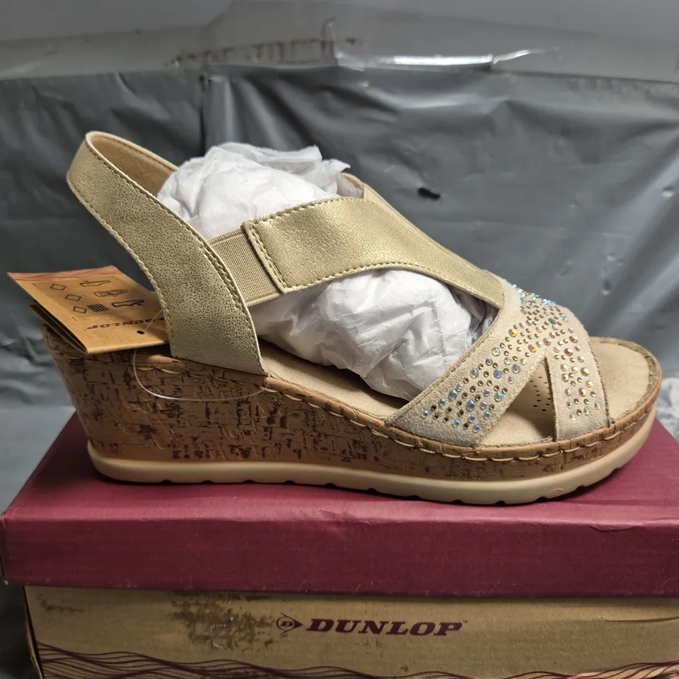 BOXED PAIR OF DUNLOP WHITSON OPEN TOE SHOES IN PALE GOLD COLUR WITH SEQUIN DECORATION - UK 7