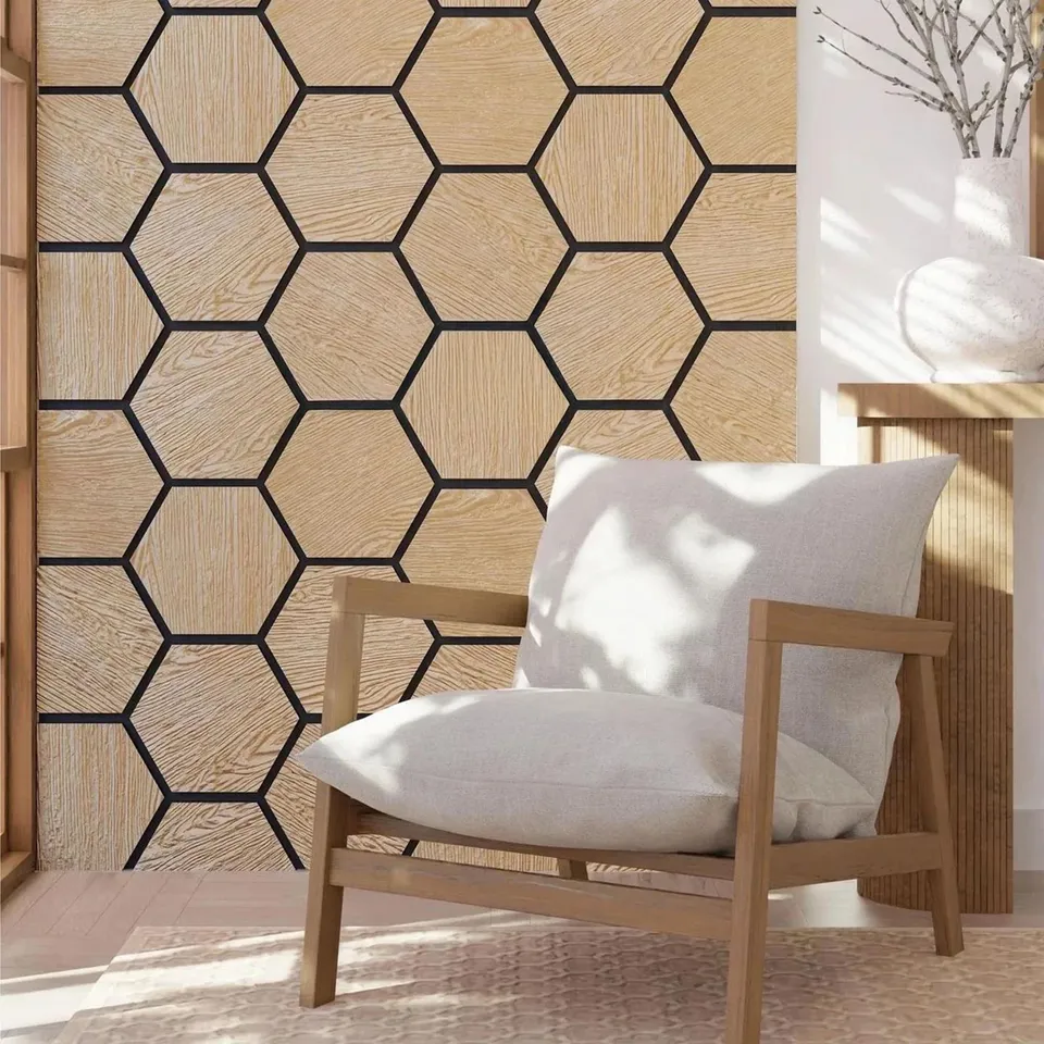 BRAND NEW BOXED ALUXO HEXAGON ACOUSTIC PANELING 4 PIECES 800 X 656 X 22MM LIGHT OAK  RRP £150