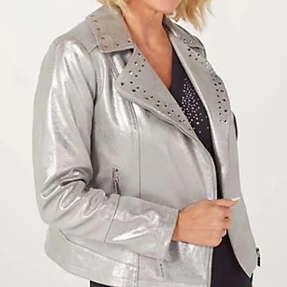 BOX OF 12 JULIEN MACDONALD METALLIC BIKER JACKET IN SILVER SIZE 12