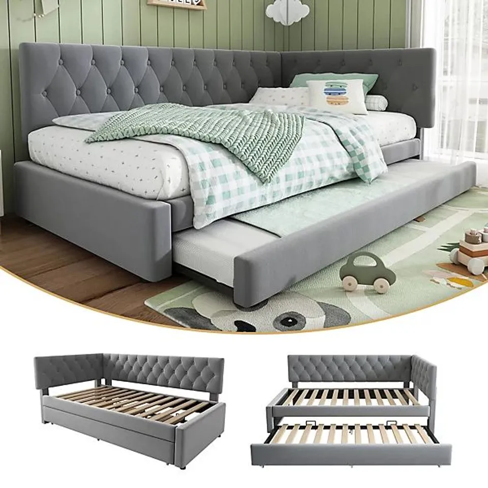 BOXED VELVET 3ft DAYBED 90x190cm, PULL OUT TRUNDLE BED//SIZE: SINGLE - GREY (1 BOX)