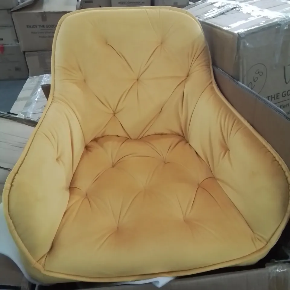 BOXED PAIR OF BUTTON BACK FABRIC UPHOLSTERED SIDE/DINING CHAIRS IN YELLOW