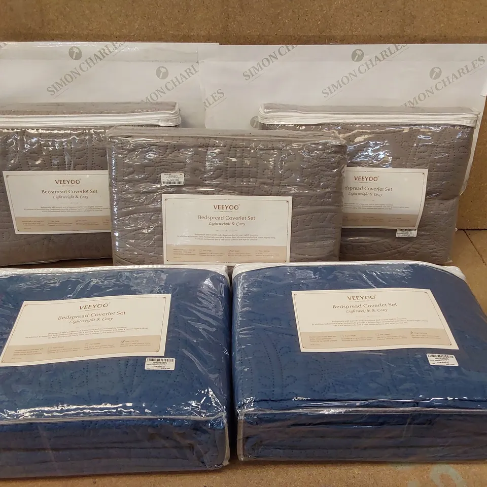 BOX OF 5X VEEYOO BEDSPREAD COVERLET SETS - SIZES AND COLOURS VARY (1 BOX)