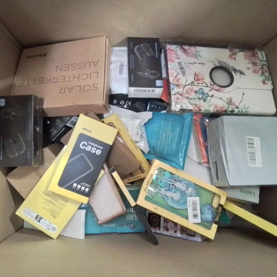 BOX CONTAINING LARGE AMOUNT OF MIXED BOXED ELECTRONIC ITEMS PHONE ACCESSORIES ETC.