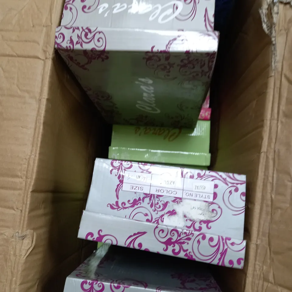 BOX OF APPROXIMATELY 10 ASSORTED PAIRS OF SHOES TO INCLUDE WEDGE SANDALS, BEIGE HIGH SANDALS, BLUE SUEDE BOOTS ETC