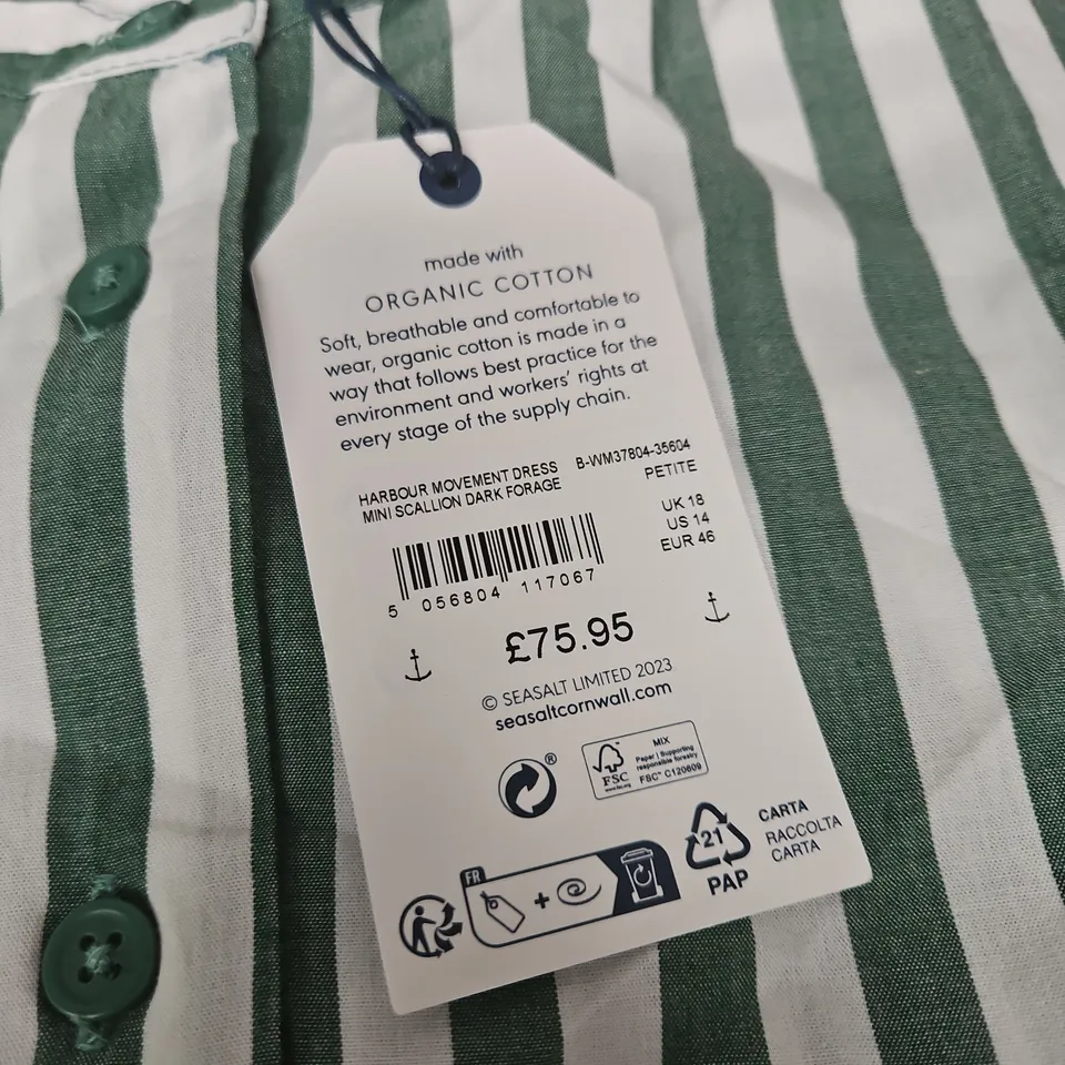SEASALT CORNWALL HARBOUR MOVEMENT DRESS – ORGANIC COTTON, GREEN & WHITE STRIPE, UK 18