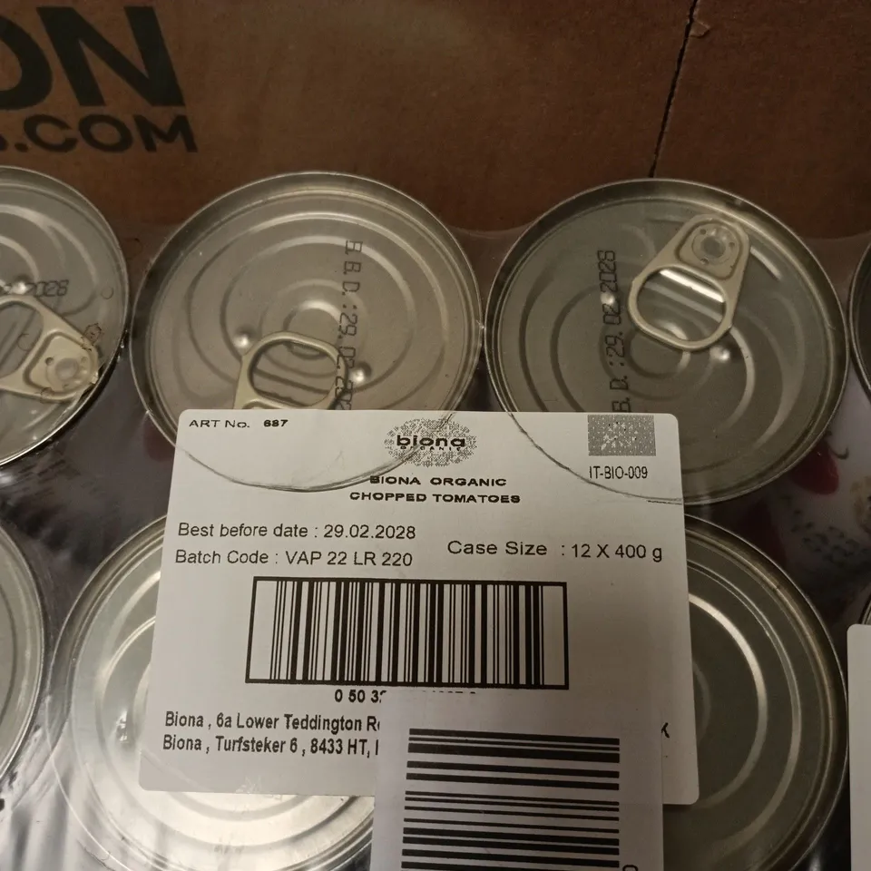 BIONA ORGANIC CHOPPED TOMATOES – 12 X 400G CANS (BEST BEFORE 29 FEBRUARY 2028)