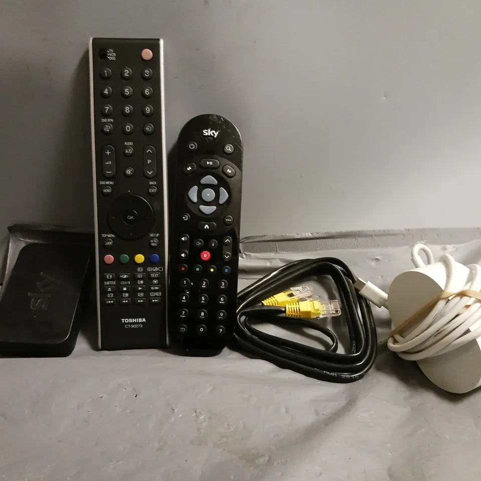 APPROXIMATELY 10 ASSORTED HOUSEHOLD ITEMS TO INCLUDE - SKY REMOTE , TOSHIBA REMOTE , ETHERNET CABLE ETC