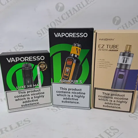 APPROXIMATELY 20 ASSORTED E-CIGARETTE PRODUCTS TO INCLUDE VAPORESSO ARMOUR S, INNOKIN EZ TUBE, VAPORESSO LUXE XR MAX