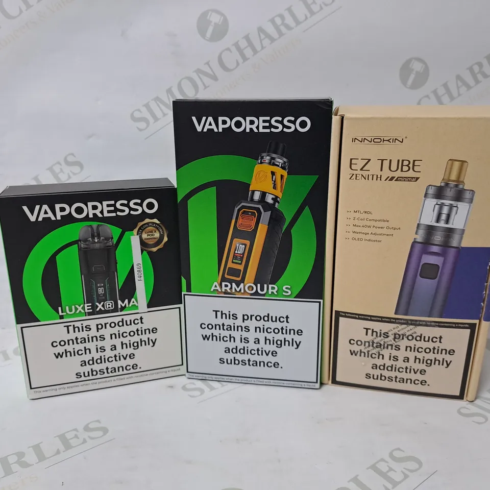 APPROXIMATELY 20 ASSORTED E-CIGARETTE PRODUCTS TO INCLUDE VAPORESSO ARMOUR S, INNOKIN EZ TUBE, VAPORESSO LUXE XR MAX