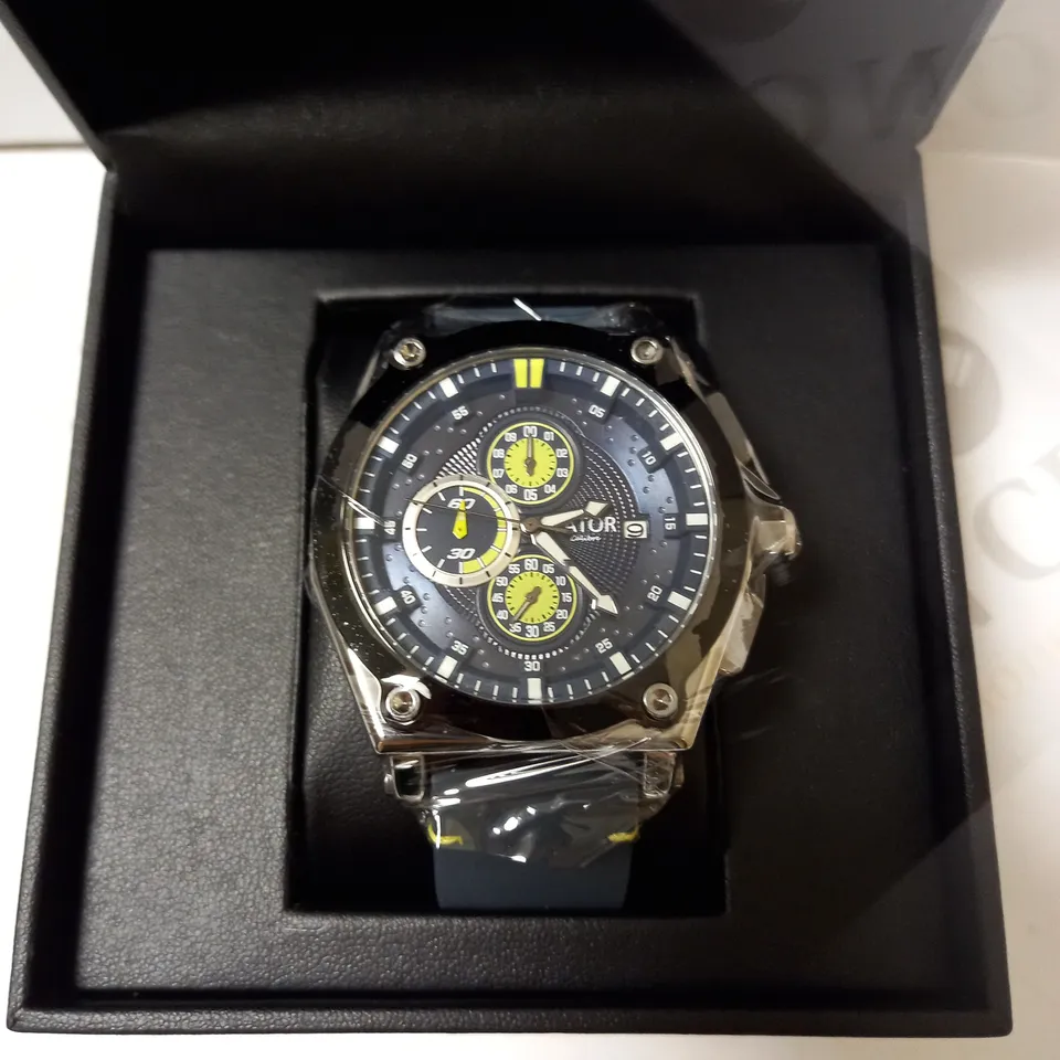 LATOR CALIBRE BLUE & YELLOW DIAL SUEDE LEATHER STRAP WATCH RRP £635