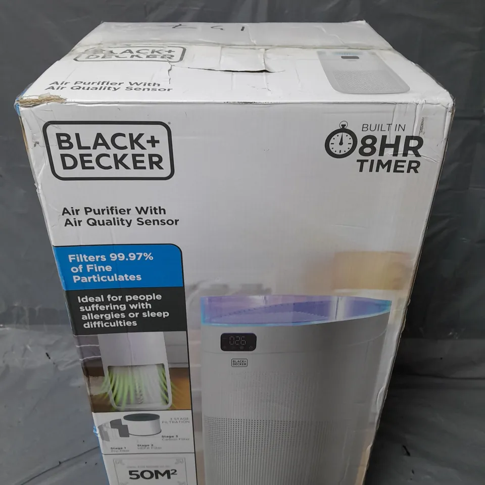 BOXED BLACK & DECKER AIR PURIFIER WITH AIR QUALITY SENSOR, 8-HOUR TIMER, WHITE, BXAP62002GB