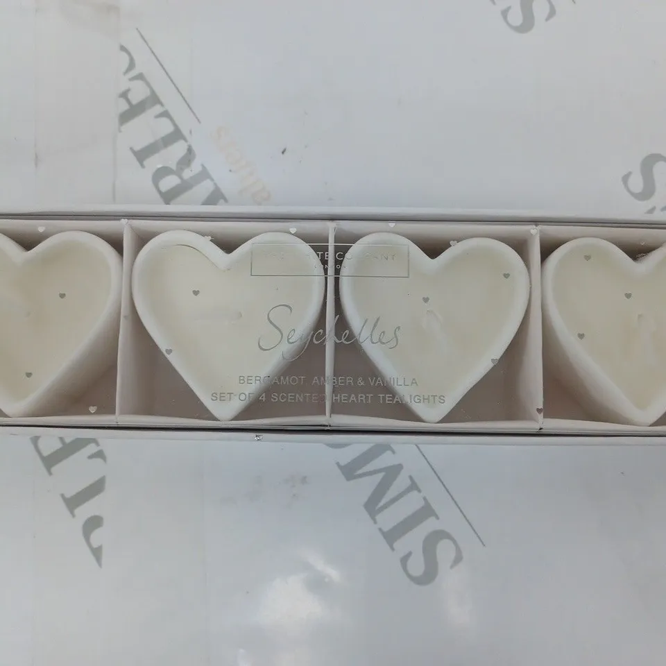THE WHITE COMPANY SEYCHELLES SET OF 4 SCENTED HEART TEALIGHTS BERGAMOT, AMBER & VANILLA