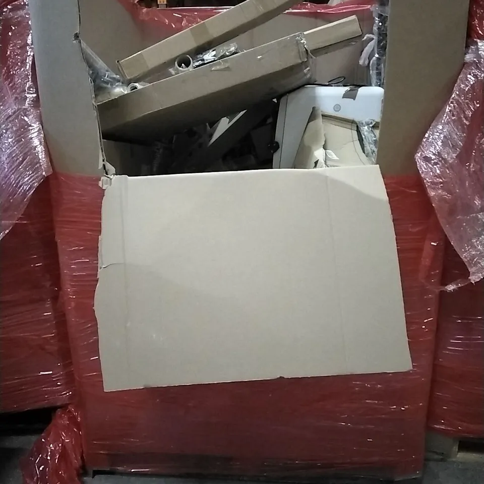 PALLET OF HOUSEHOLD ITEMS TO INCLUDE SHOWER MIXER SYSTEM, ADJUSTABLE TOILET SEAT AND FRAME, TOILET SEAT,  BREAD BOX AND OTHER ASSORTED ITEMS...